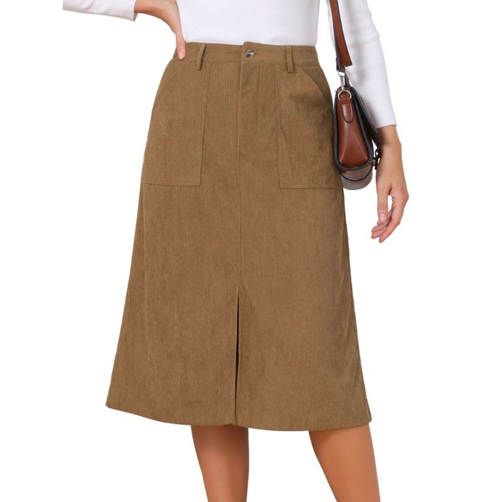 Women's Corduroy Midi Skirt A-Line Split Front Casual Fall Skirts Brown